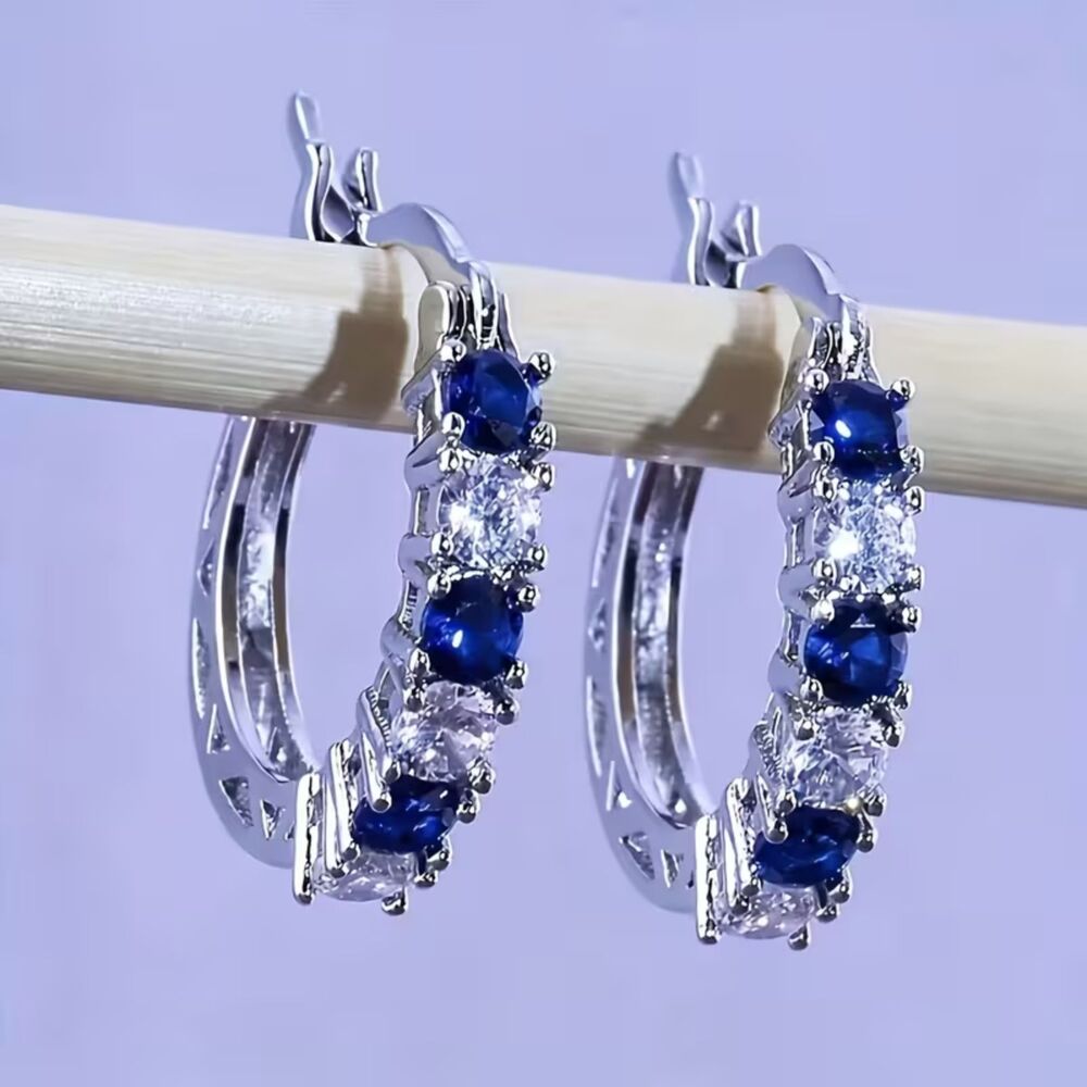 Blue White Zirconia Crystal Silver Hoop Earrings Multicolor Gemstone Elegant New